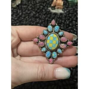 Native Sw Sterling Turquoise Yellow Checkerboard Cluster Ring Pink Blue Opal
